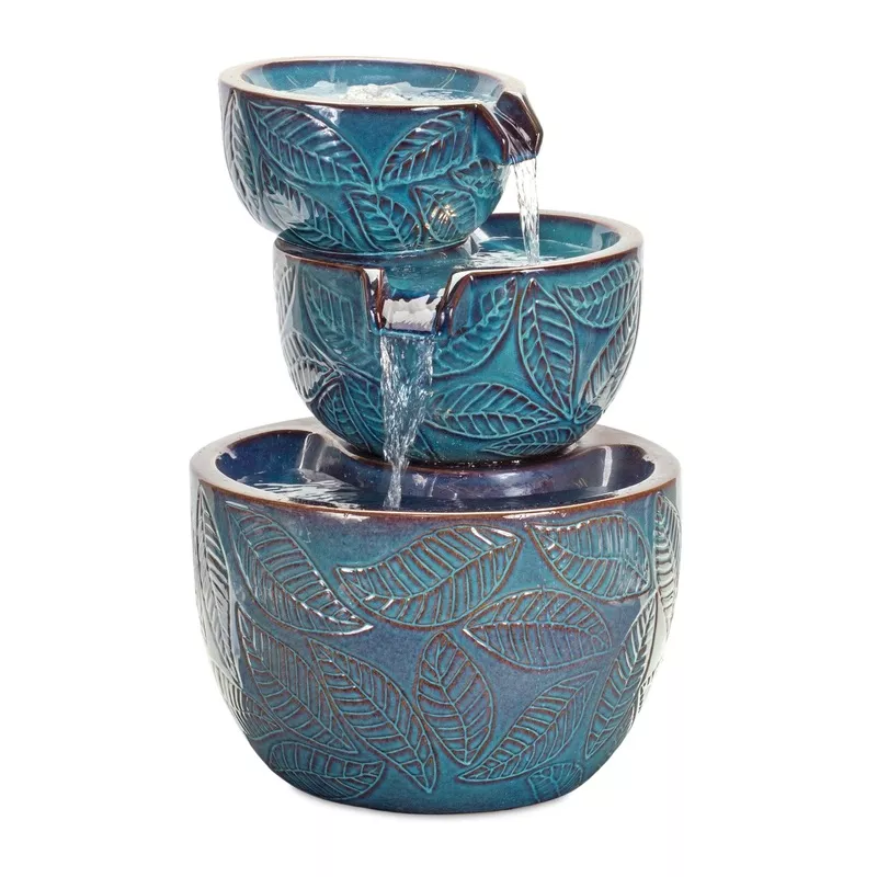 Ceramic Tiered Bowl Fountain with Leaf Design 22.5H