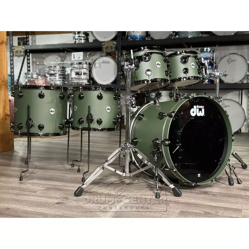 dw-collectors-cherry-mahogany-7pc-drum-set-hard-satin-solid-army-green-w-black-n DW Collectors Cherry/Mahogany 7pc Drum Set Hard Satin Solid Army Green w/Black Nickel Hw