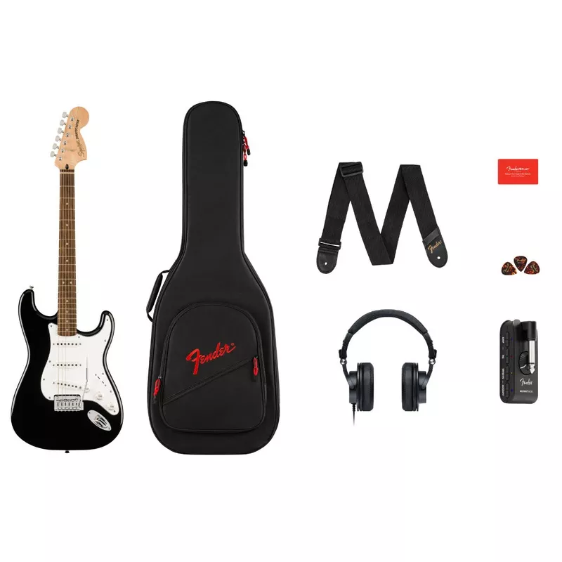 fender-squier-affinity-series-stratocaster-mustang-electric-guitar-micro-pack-w- Fender Squier Affinity Series Stratocaster Mustang Electric Guitar Micro Pack w/ Gig Bag – Laurel Fingerboard – Black