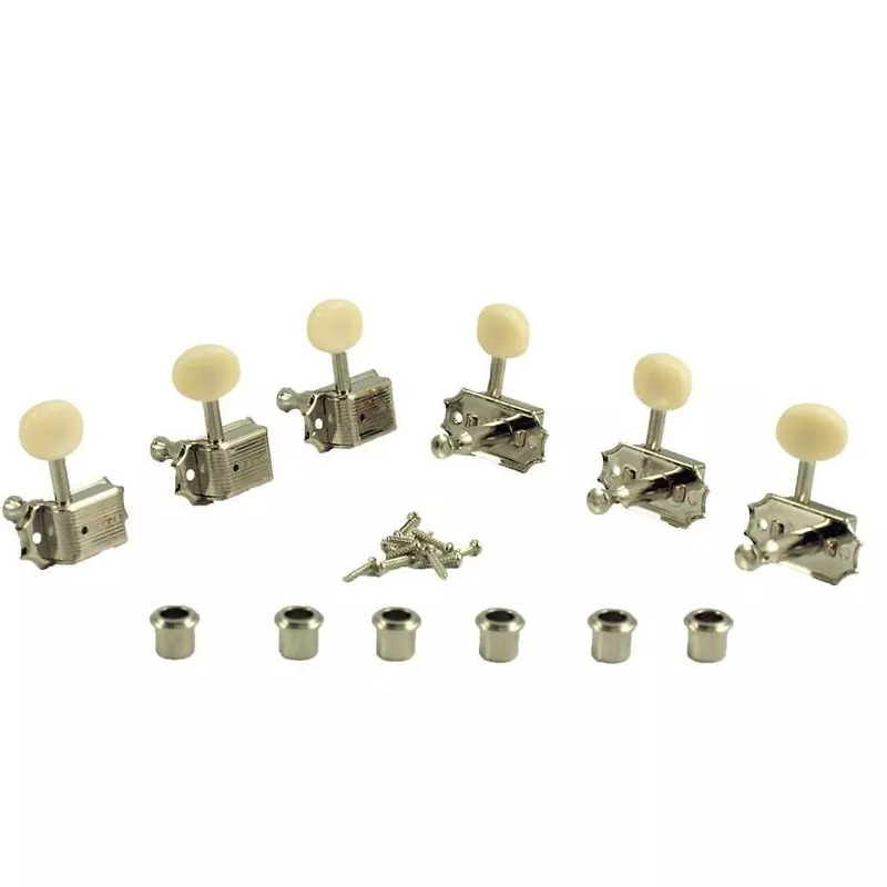 kluson-3-3-tuners-oval-white-plastic-button-single-line-nickel Kluson 3+3 Tuners Oval White Plastic Button Single Line Nickel