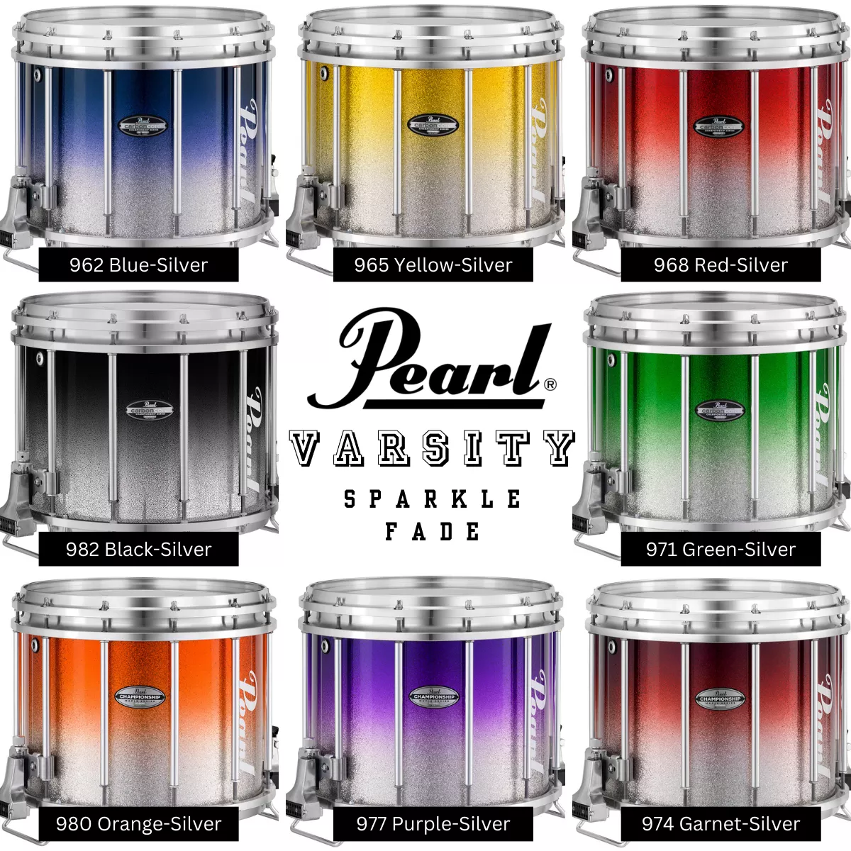PEARL FFX CHAMPIONSHIP MAPLE VARSITY COLOR TO SILVER SPARKLE FINISH MARCHING SNARE DRUM